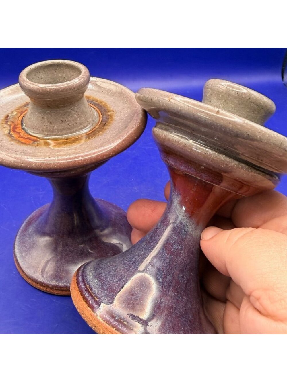 Studio Pottery Candle Holders Purple Blue Stoneware Signed 4.5" Artisan 1990s